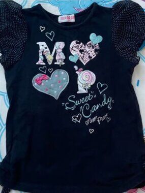 Sweet Candy Graphic Top Satin Polka Dot Sleeves